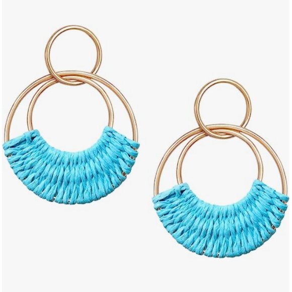 Turquoise Blue Woven Raffia Gold Hoop Earrings Wicker Hoops Links Post Vacay New - Picture 4 of 5